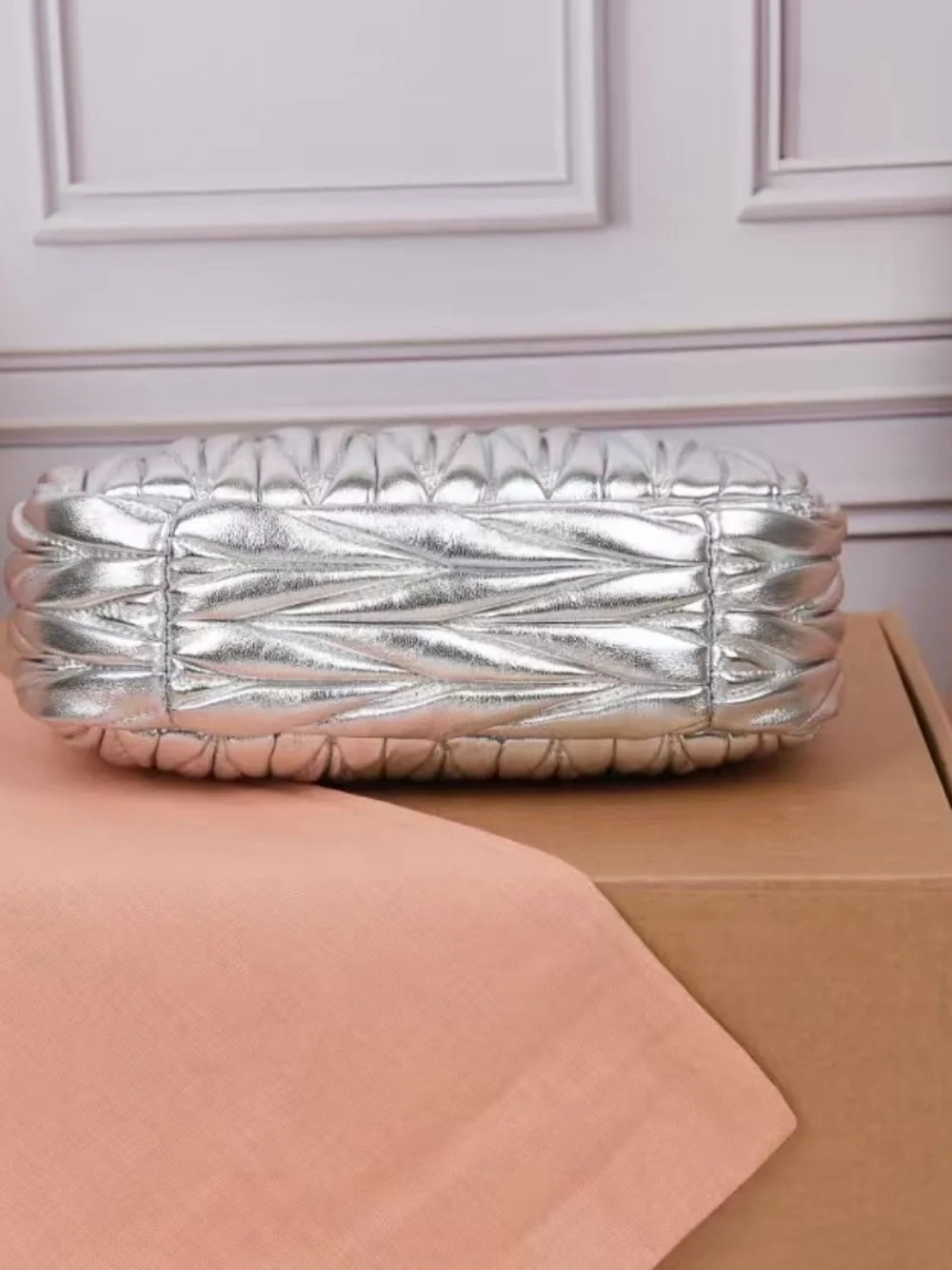 Miu Miu Silver Quilted Shoulder Bag with Gold Logo
